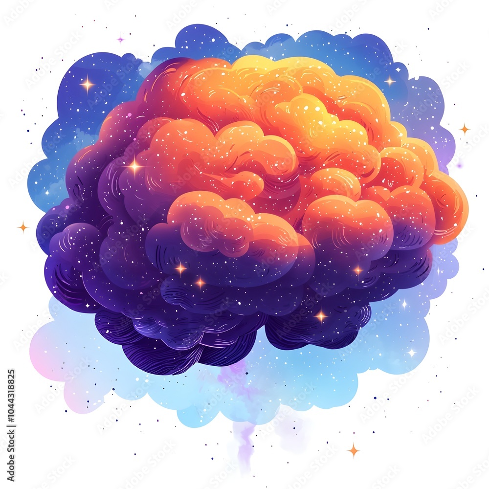 Poster flat design of a cloud transforming into a brain representing the imagination and thought process in