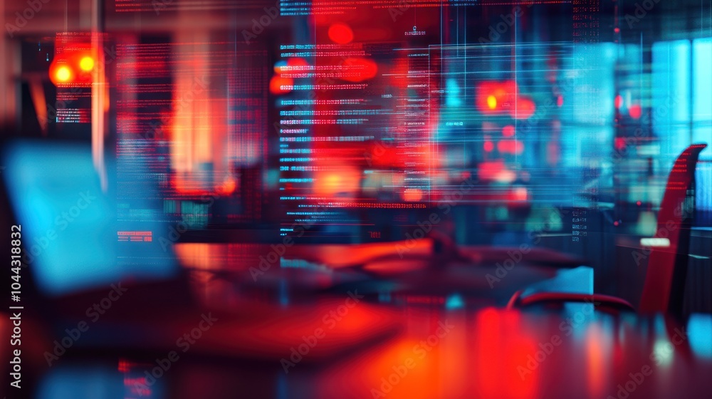Aufkleber a stylized workspace with glowing screens and digital data visualization.