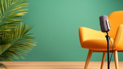 An empty podcast studio featuring a microphone and stylish orange chair stands ready for recording, embodying modern creativity and media production space.