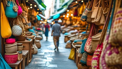 Obraz premium Exploring the vibrant marketplace a journey through artisan crafts colorful bags and lively streets in a bustling bazaar atmosphere