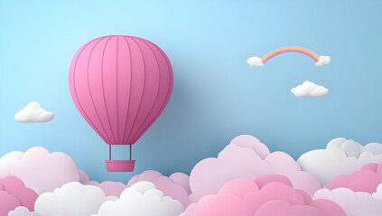 Obraz premium Pink Hot Air Balloon Flying Over Clouds With Rainbow, blue, sky, white, pastel, cartoon