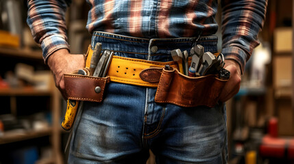 Carpenter with Tool Belt, craftsman, construction worker, handyman, tools, leather