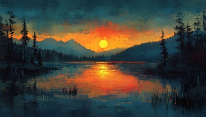 Fototapeta premium Sunset over a lake with mountains and trees in the foreground