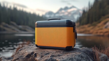 A high-resolution mockup of a yellow insulated picnic cooler with black accents, placed on a rocky surface near a lake, perfect for outdoor or travel branding concepts.