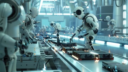 Fototapeta premium Futuristic Factory Robots Working