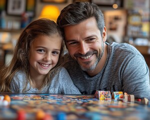 Fototapeta premium A family playing board games around a cozy living room. Emphasizing indoor fun and family bonding. Highlighting the enjoyment of spending quality time together. Ideal for family and home promotions.