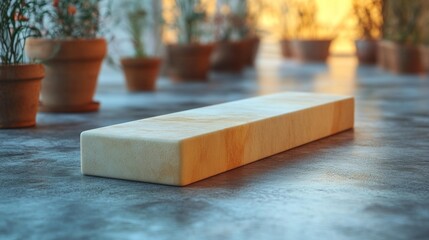 Foldable lightweight yoga block on a smooth surface with soft lighting. Ideal for fitness and exercise enthusiasts seeking support during yoga and stretching exercises.. Generative AI