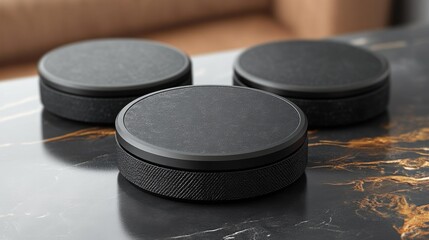 Minimalist black pop socket mockup on a sleek marble surface for smartphone accessory branding and design. Generative AI