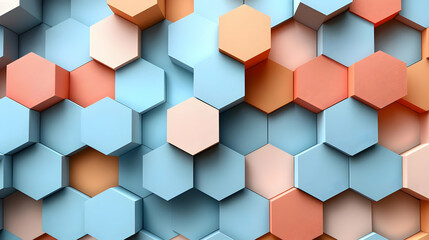 Fototapeta premium 3D Hexagon Pattern Abstract Background - Blue, Orange, and Pink