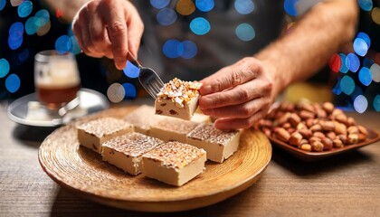 Faceless man eat Turrón in restaurant with bokeh background. Spanish Food.
