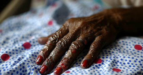 Obraz premium Elderly Hand with Red Nail Polish, finger, fingernail, wrinkled, skin, texture