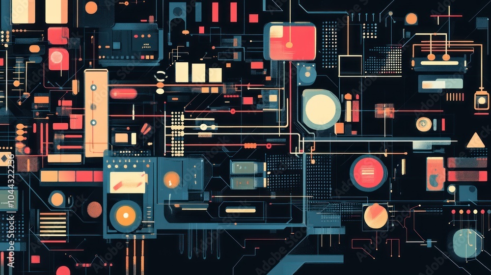 Poster abstract digital artwork featuring geometric shapes and circuit-like patterns.