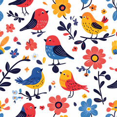 Colorful Birds and Flowers Seamless Pattern, floral, nature, spring, summer, bright