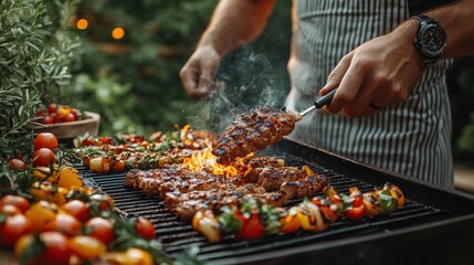 A man grilling in a backyard barbecue. Featuring friends and delicious food. Showcasing outdoor cooking and socializing. Ideal for food blogs.