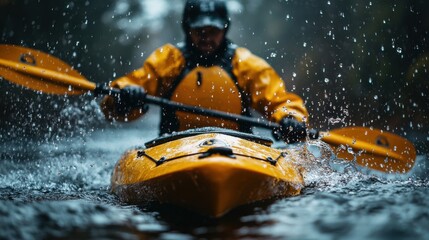 Fototapeta premium A man kayaking on a river. Featuring rapids and natural scenery. Showcasing adventure and skill. Ideal for adventure blogs.