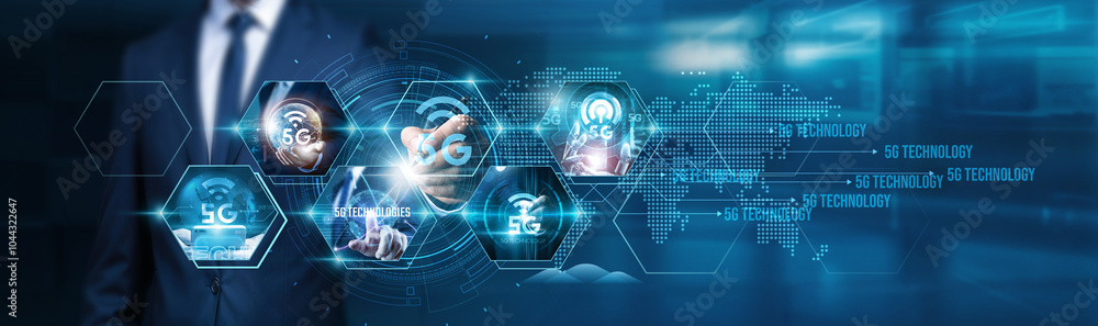 Poster 5g technology touch high-speed communication and seamless connectivity structure global network. thi