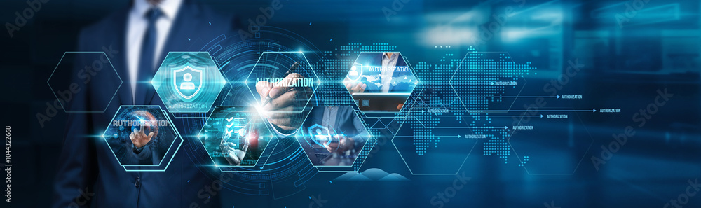 Aufkleber businessman using tablet analyzing authorization process requirements, compliance , regulatory autho