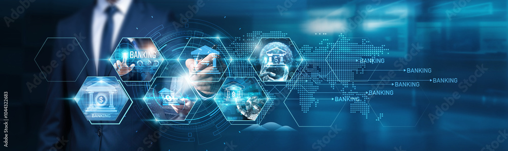 Poster banking professional touches digital banking structure and helps structure a global network. ensure 