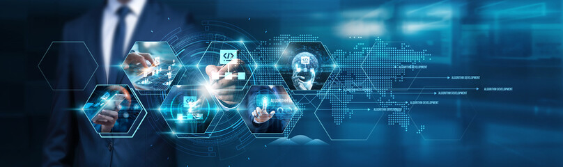 Algorithm development. Businessman touch upon the importance of a structure global network. In today's digital age, businesses rely on algorithm development to optimize processes and decision-making.