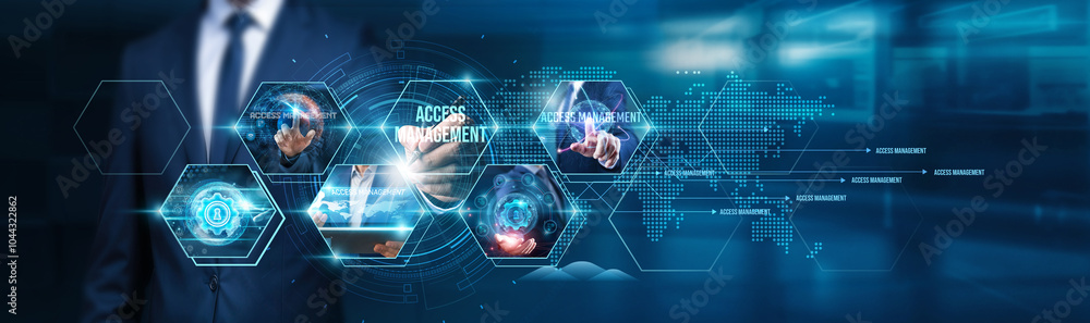 Poster businessman using tablet analyzing identity access management, privilege levels, access permissions,