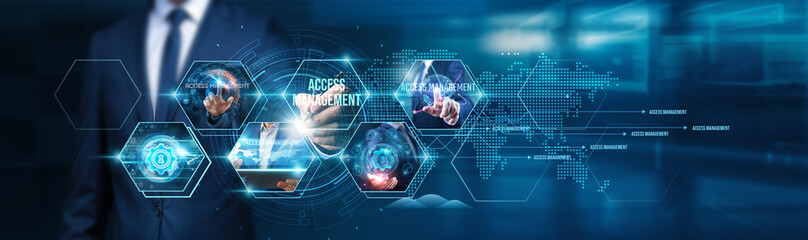 Businessman using tablet analyzing identity access management, privilege levels, access...