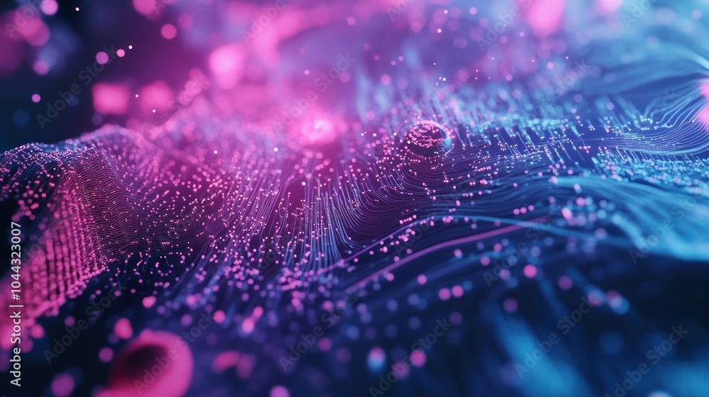 Poster abstract digital landscape with vibrant colors and flowing patterns.