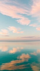 Obraz premium serene, peaceful sea, with still, mirror-like, turquoise water reflecting a warm, soft, pastel-hued sky at sunrise or sunset,