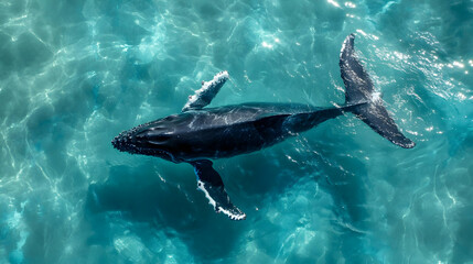 Fototapeta premium Humpback Whale Swimming in Clear Blue Water, ocean, clear water, marine life, animal, mammal