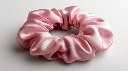 Elegant pink satin hair scrunchie mockup with smooth texture on a minimalistic white background perfect for beauty fashion and accessories presentations.. Generative AI