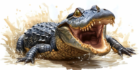 Obraz premium Alligator with Open Mouth in Water, crocodile, reptile, wild animal, dangerous, predator