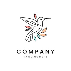minimalistic and simple hummingbird vector line art with a bit of color, on a white background 
