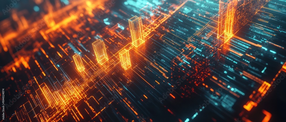 Poster a futuristic digital cityscape with glowing lines and structures.