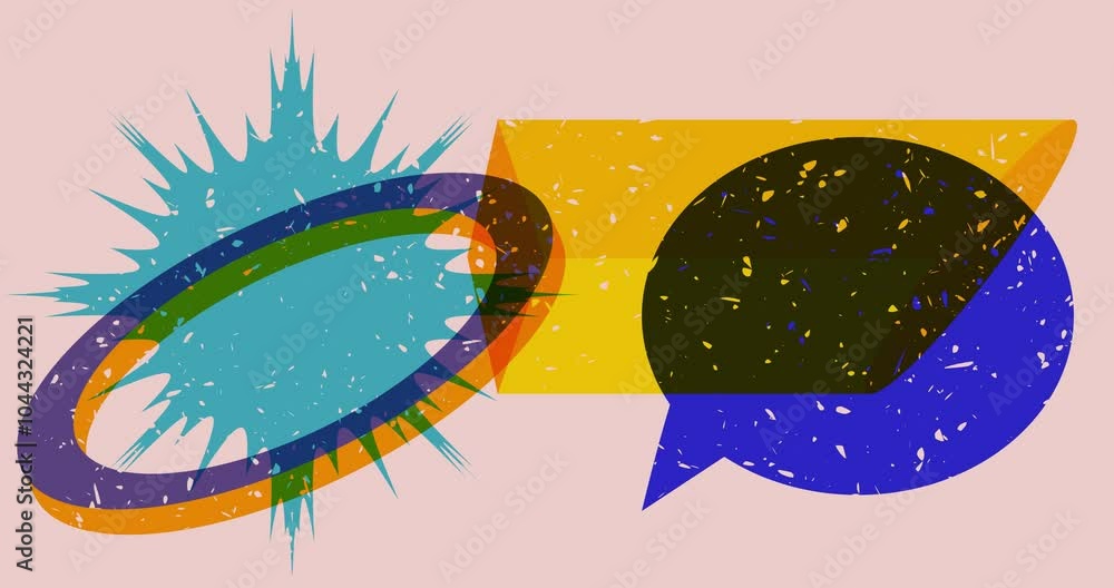 Poster risograph speech bubble with geometric shapes animation. moving object in trendy riso graph design v