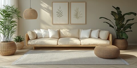 Modern living room interior with a beige sofa, potted plants, and wicker accents.