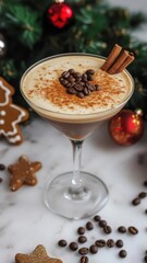 A holiday Espresso Martini with gingerbreadflavored coffee liqueur, topped with cinnamon and espresso beans
