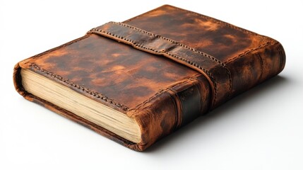 Obraz premium Leather-bound hardcover book mockup on white background perfect for showcasing literature vintage design elements and branding for publishers. Realistic texture and binding details.. Generative AI