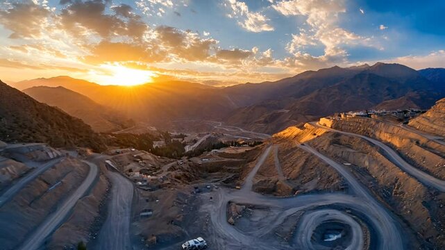 Drone footage of a large open-pit mine at sunrise, with dramatic mountainous landscape. Mining industry video.