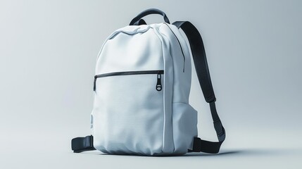 White minimalist backpack mockup with black zippers and straps displayed on a plain background. Great for branding projects product presentations and outdoor gear promotions.. Generative AI