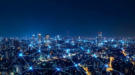 Obraz premium Cityscape with Network Connections, skyline, night, urban, modern, metropolis