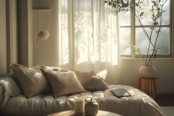 Cozy and Serene Living Space with Soft Textures and Warm Lighting