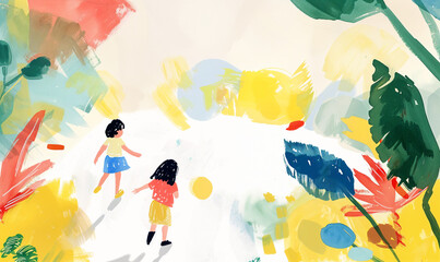 illustration of kids playing together, parklike setting, loose gouache style vibrant hand painted illustration