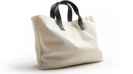 Neutral beige cotton tote bag with black leather handles mockup on a white background ideal for showcasing eco-friendly and stylish branding opportunities for lifestyle products.. Generative AI