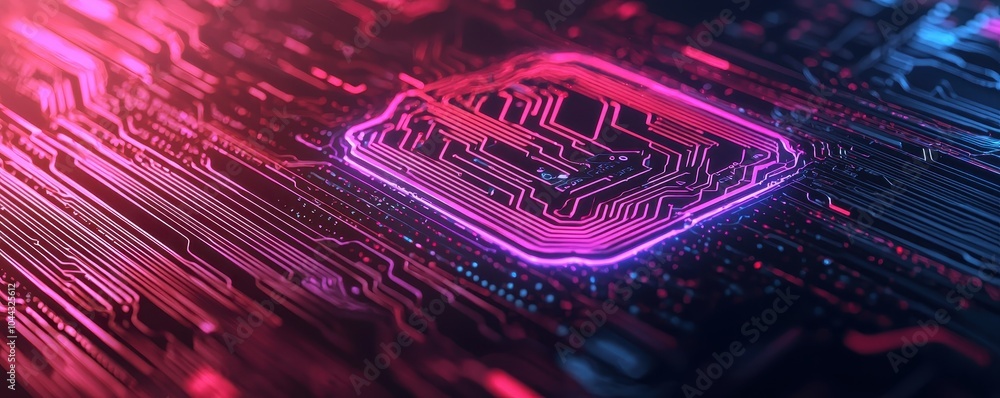 Poster a futuristic close-up of a microchip embedded in a colorful circuit board, glowing with vibrant pink