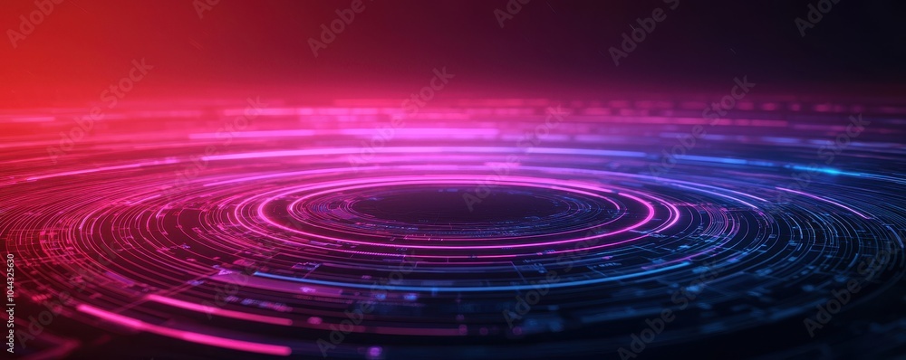 Poster a vibrant abstract image featuring circular patterns of pink and blue lights against a dark backgrou
