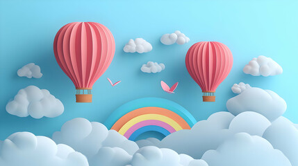 Fototapeta premium Pink Hot Air Balloons Flying Over Rainbow and Clouds, pink balloon, pastel, sky, blue sky, white clouds