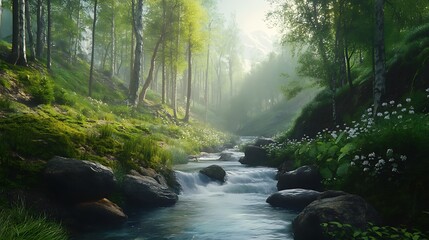 Obraz premium Sunlit Forest Stream with Foggy Atmosphere