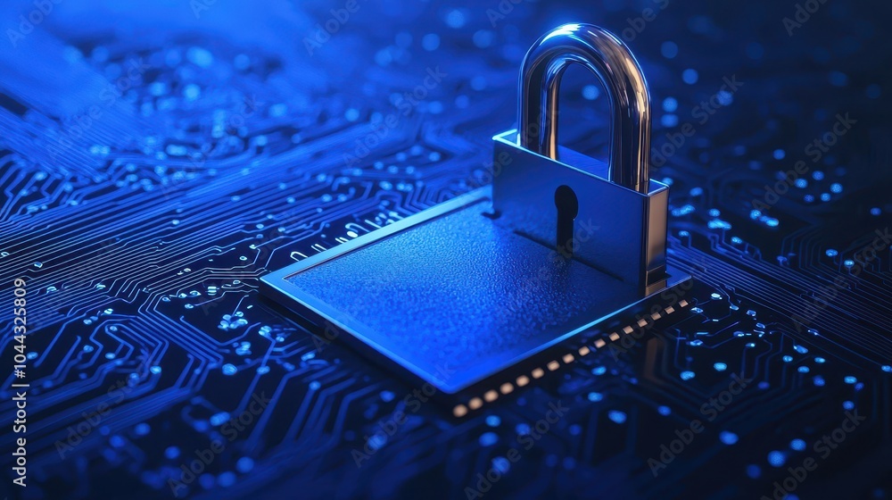 Poster a close-up image of a digital padlock on a circuit board, representing cybersecurity and data protec