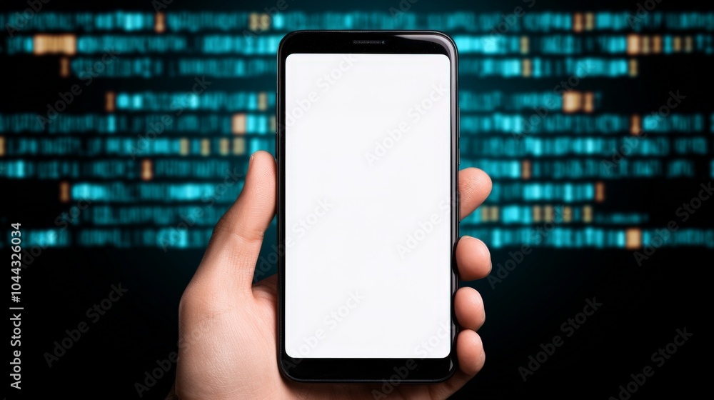 Poster a hand holds a smartphone displaying a blank screen, set against a backdrop of digital code, symboli