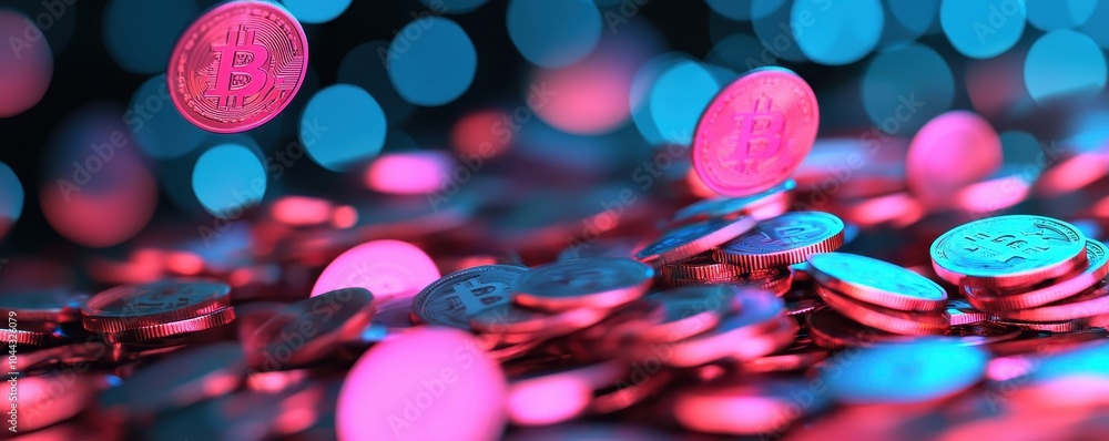 Poster a vibrant display of coins cascading against a colorful bokeh backdrop, showcasing the fascinating i