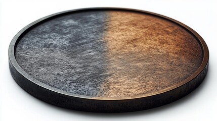 Obraz premium Rustic circular metal plate with contrasting textures showcasing an antique and industrial design style perfect for decor and home product mockups.. Generative AI